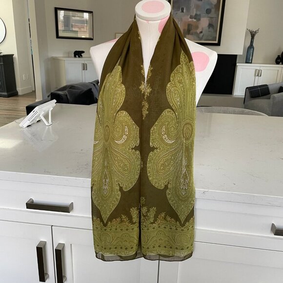 Vintage Sheer Paisley Print Scarf Olive Green White Tan No Tags Sz OS - no tags - Picture 7 of 7